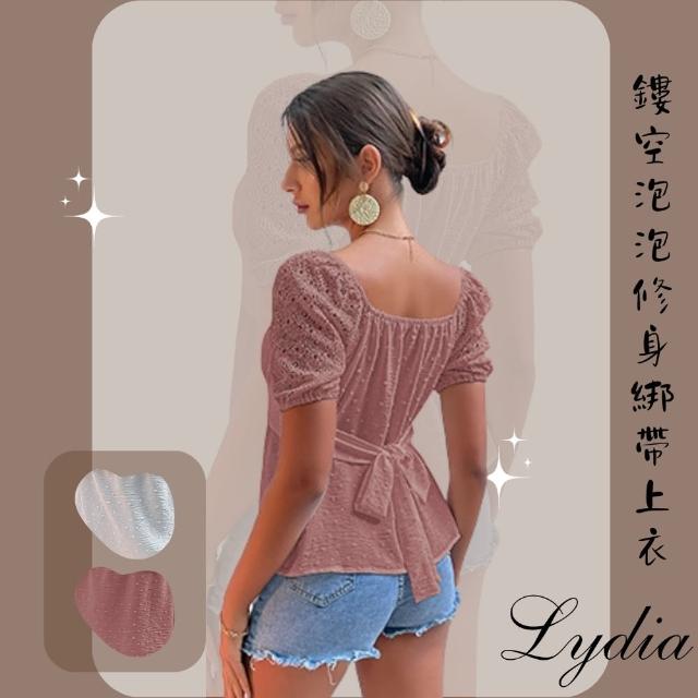 【Lydia】現貨 氣質上衣 蕾絲拼接短袖方領氣質綁帶上衣(粉、白 Free)