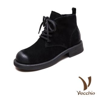 【Vecchio】真皮短靴 低跟短靴/真皮頭層牛皮經典繫帶復古低跟短靴(黑)