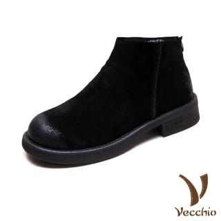 【Vecchio】真皮短靴 牛皮短靴/真皮頭層磨砂牛皮純色素面百搭短靴(黑)
