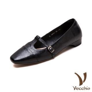 【Vecchio】真皮跟鞋 方頭跟鞋 低跟跟鞋/真皮細膩羊皮T字帶淺口小方頭復古低跟鞋(黑)