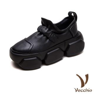 【Vecchio】真皮短靴 厚底短靴/全真皮頭層牛皮抓摺一字帶造型輕量厚底短靴(黑)