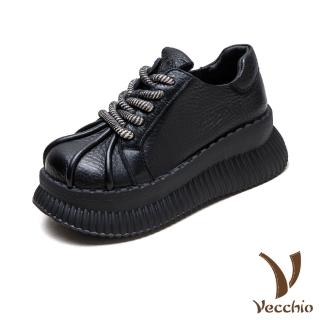 【Vecchio】真皮休閒鞋 厚底休閒鞋/真皮頭層牛皮復古抓摺繫帶輕量鬆糕厚底休閒鞋(黑)