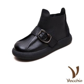 【Vecchio】真皮短靴 厚底短靴/真皮頭層牛皮復古抓摺皮帶釦飾厚底短靴(黑)
