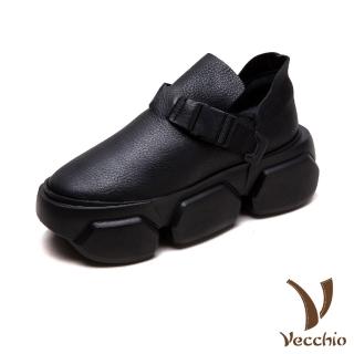 【Vecchio】真皮短靴 厚底短靴/全真皮頭層牛皮輕量厚底皮帶釦飾個性短靴(黑)