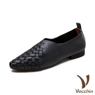【Vecchio】真皮跟鞋 尖頭跟鞋 低跟跟鞋/全真皮頭層牛皮復古編織尖頭V口低跟鞋(黑)