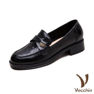 【Vecchio】真皮樂福鞋 一字樂福鞋/真皮羊皮翻折一字帶典雅休閒樂福鞋 皮鞋(黑)