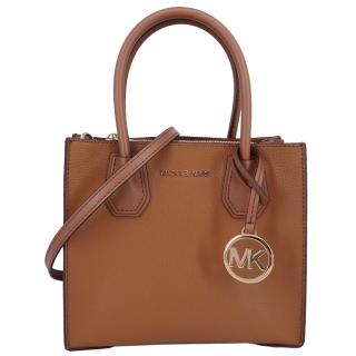 【Michael Kors】經典MERCER系列 金字LOGO 皮革 手提/斜背兩用包(中款/焦糖棕)