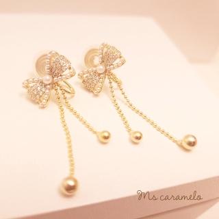 【焦糖小姐 Ms caramelo】夾式耳環(貝珠+流蘇鋯石耳環)