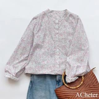 【ACheter】小碎花襯衫休閒寬鬆顯瘦圓領短款長袖上衣#123150(花紋)