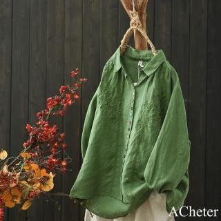 【ACheter】寬鬆文藝翻領刺繡彩色紐扣棉麻襯衫長袖中長上衣#123168(白/芥末黃/綠)