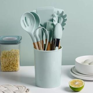 【SUNORO】日式木柄矽膠廚具12件組 廚房工具 烹飪工具 打蛋器/湯勺/食物夾/漏勺/鍋鏟/煎鏟/菜鏟(含收納桶)