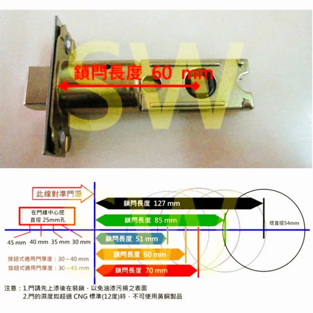 【加安】LYK603F 水平把手 無鑰匙 裝置距離60mm(適用門厚45-60mm 管型 把手鎖 水平鎖 板手)