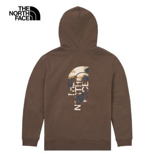 【The North Face 官方旗艦】北面女款棕色舒適透氣大尺寸迷彩油墨印花長袖帽T｜8ASX1OI