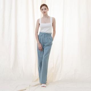 【MASTINA】經典高腰雙褶落地長西褲(黑 綠/魅力商品)