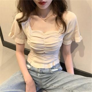【巴黎精品】現貨+預購 針織衫短袖T恤(法式方領褶皺短版女上衣7色w1ab20)