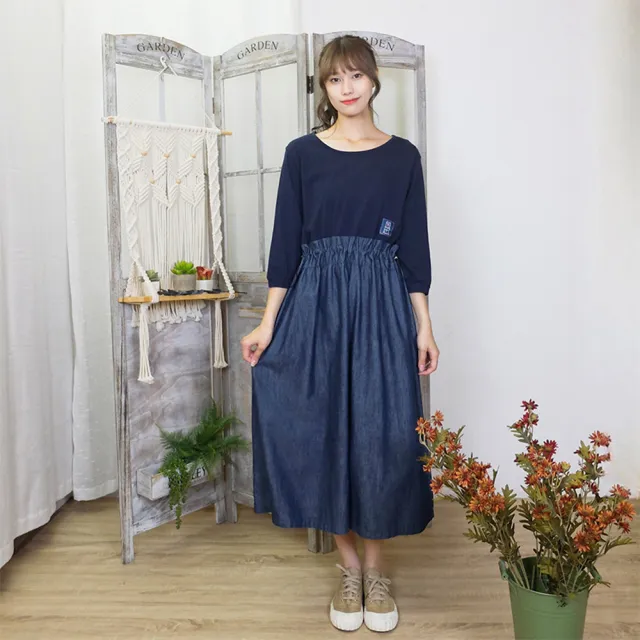 【Hana Mokuba】花木馬日系女裝針梭織拼接抽繩收腰休閒七分袖牛仔洋裝(洋裝)