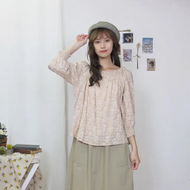 【Hana Mokuba】花木馬日系女裝鬆緊領口七分袖氣質碎花上衣(上衣)