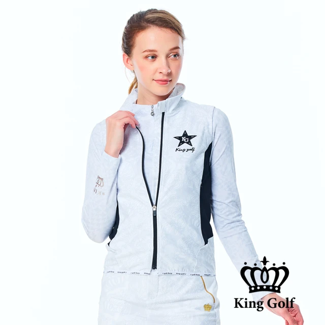 KING GOLF 網路特談-女款薄款皇冠印花立領拉鍊背心外套(白色)