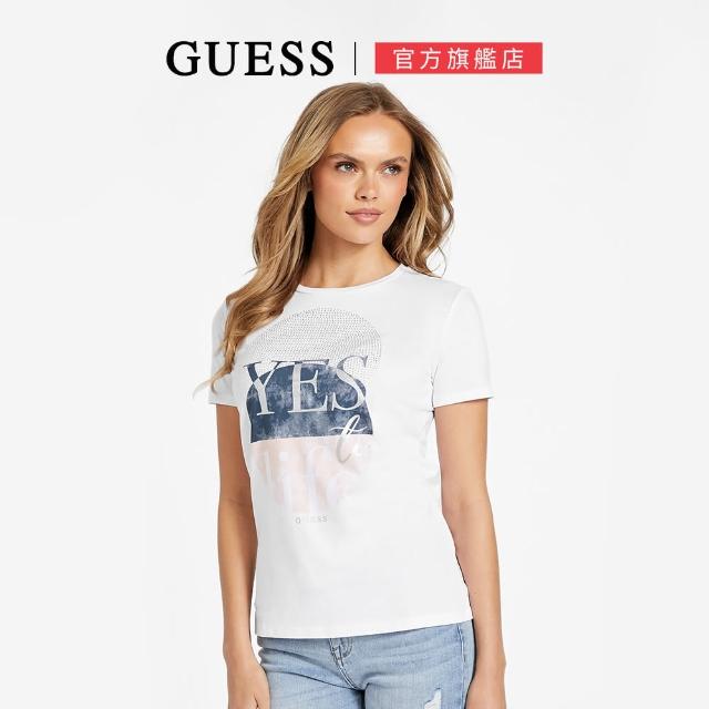 【GUESS】純棉水鑽印花短袖上衣(白色)