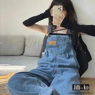 【JILLI-KO】鹽系皮牌貼布寬鬆闊腿直筒牛仔吊帶褲-L/XL/2XL(藍)