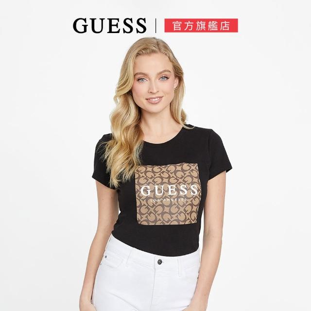 【GUESS】純棉滿版字母印花LOGO短版上衣(兩色任選)