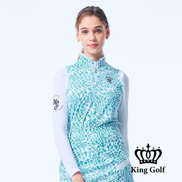 【KING GOLF】速達-網路獨家-女款幾何圖形兩件式立領拉鍊薄款長袖POLO衫/高爾夫球衫(綠色)