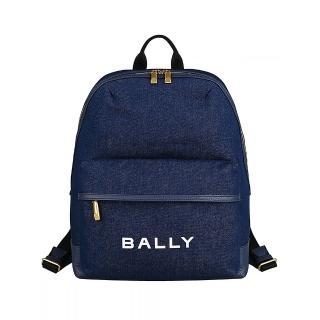 【BALLY】BALLY Bar簡潔燙印白字LOGO牛仔帆布拼接牛皮拉鍊後揹包(深藍)
