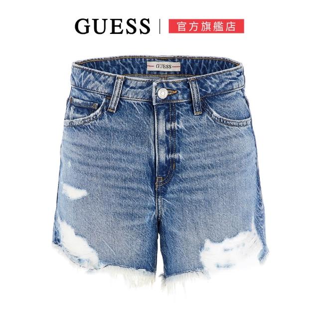 【GUESS】經典復古抓破無收邊牛仔短褲(藍色)