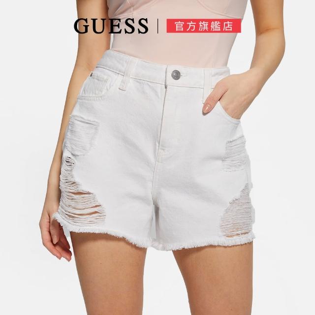 【GUESS】經典刷破流蘇邊牛仔短褲(白色)