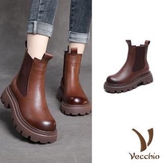 【Vecchio】真皮直筒靴 厚底直筒靴/真皮頭層牛皮手工復古厚底切爾西直筒靴(棕)