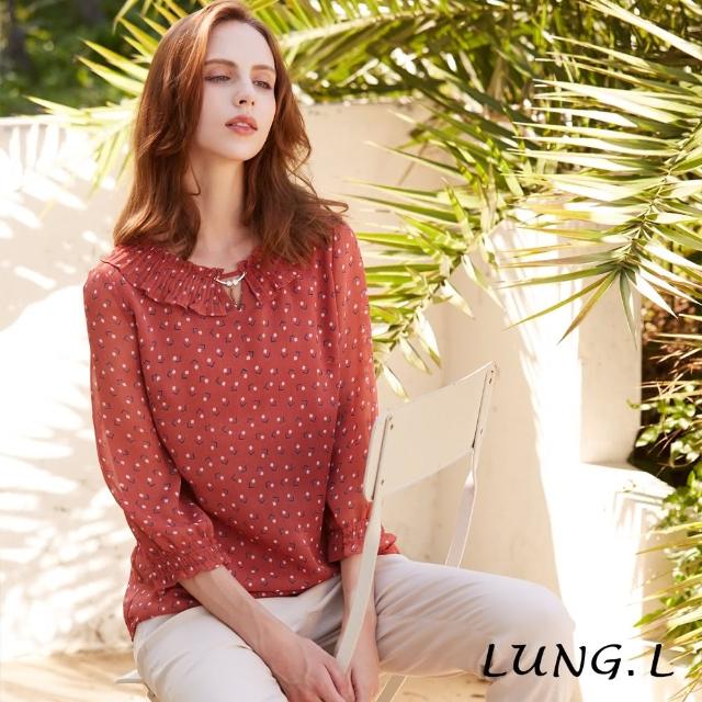 【LUNG.L 林佳樺】LQ29A 橘色印花楊柳布領壓摺A-line女裝上衣(秋冬新品 加大尺碼)