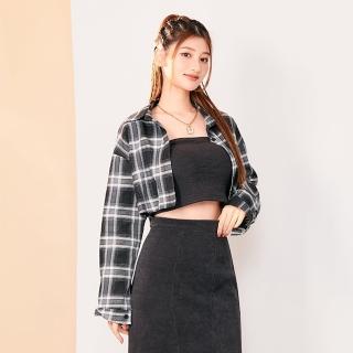 【MAJOR MADE】刺繡短版格紋襯衫(襯衫/長袖襯衫/短版襯衫)
