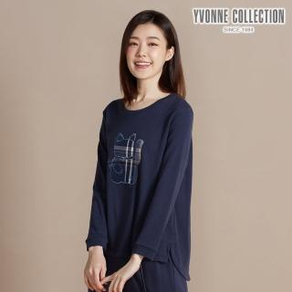 【YVONNE 以旺傢飾】莫代爾棉招財貓長袖上衣-深丈青