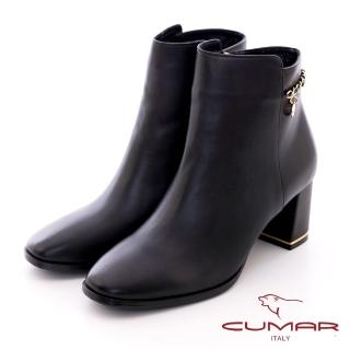 【CUMAR】金屬鍊條裝飾防水臺粗跟短靴(黑色)