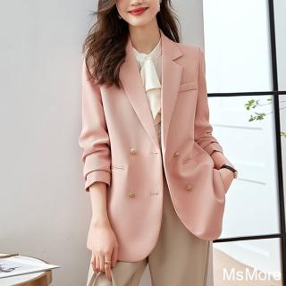 【MsMore】小西裝雙排扣長袖外套氣質小個子休閒中長版#123038(黑/粉/咖)