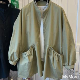 【MsMore】薄外套新款立體雙口袋長袖襯衫上衣寬鬆休閒風衣短版外套#123262(黑/綠)