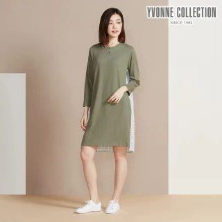 【YVONNE 以旺傢飾】出清品 皺皺提花拼接半開襟長袖洋裝-橄欖綠