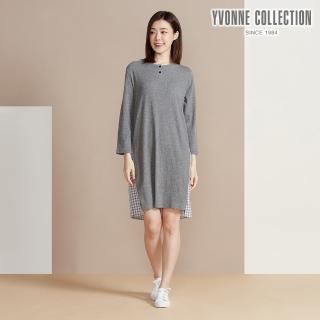 【YVONNE 以旺傢飾】皺皺提花拼接半開襟長袖洋裝-岩石灰