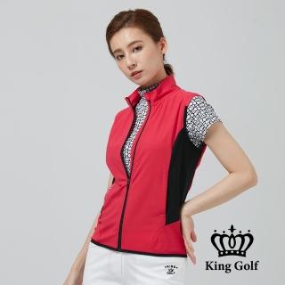 【KING GOLF】網路特談-女款刺繡LOGO印圖異色剪接防風薄款立領拉鍊背心外套(粉色)