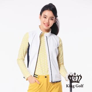 【KING GOLF】網路特談-女款刺繡LOGO印圖異色剪接防風薄款立領拉鍊背心外套(白色)