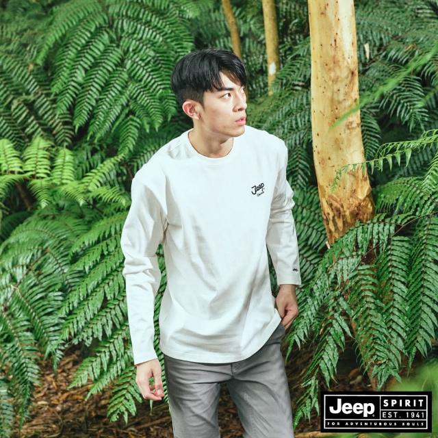 【JEEP】男裝 品牌文字印花純棉長袖T恤(白色)