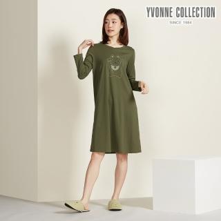 【YVONNE 以旺傢飾】招財貓網印長袖洋裝-橄欖綠