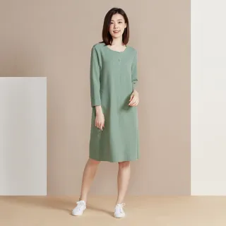 【YVONNE 以旺傢飾】出清品 華夫格開釦長袖洋裝-高地綠