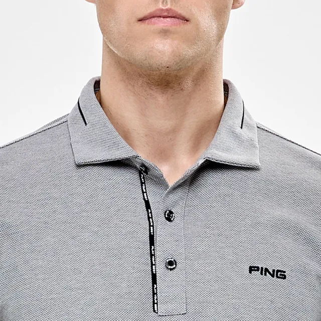 【PING】男款門襟印花織帶高爾夫長袖POLO衫-灰(吸濕排汗/日本素材/GOLF/高爾夫球衫/PA24201-85)