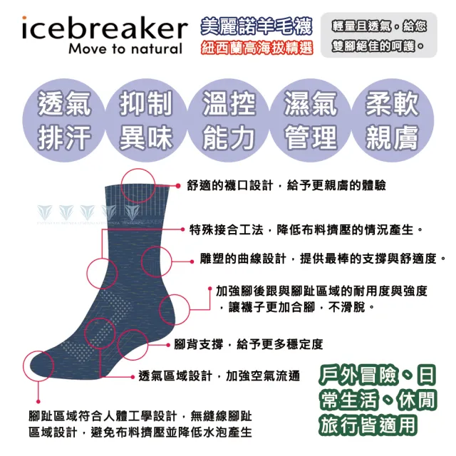 【Icebreaker】男女款 中筒薄毛圈健行襪- IB0A56GM/IB0A56GO(羊毛/中毛圈/美麗諾羊毛/保暖)