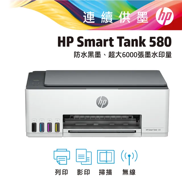 【HP 惠普】Smart Tank 580 All-in-One 三合一Wifi連續供墨複合機(列印/影印/掃描/無線/一鍵證件影印)(5D1B