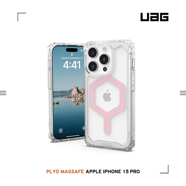 【UAG】iPhone 15 Pro 磁吸式耐衝擊保護殼-極透明（玫瑰金圈）(吊繩殼 有效抵擋UV紫外線 支援MagSafe功能)