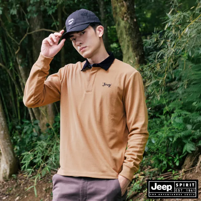 【JEEP】男裝 跳色領長袖POLO衫(卡其色)