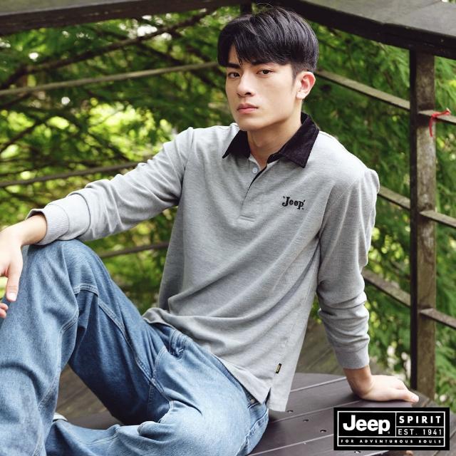 【JEEP】男裝 跳色領長袖POLO衫(灰色)