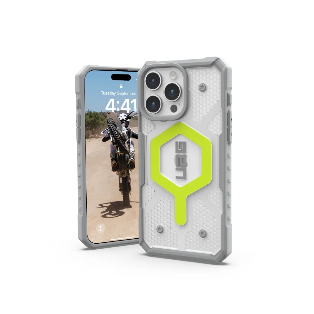 【UAG】iPhone 15 Pro Max 磁吸式耐衝擊保護殼（按鍵式）-透明（螢光圈）(支援MagSafe功能)